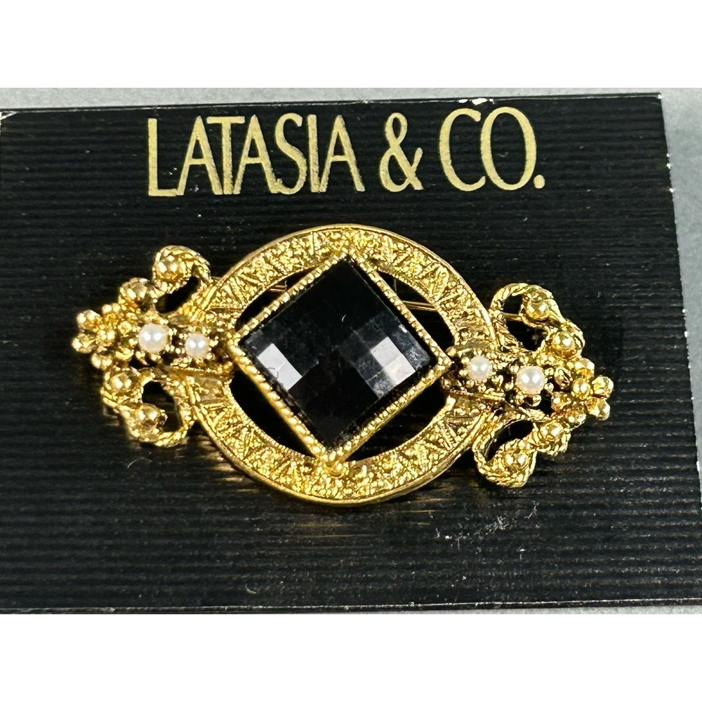 Vintage Latasia & Co Gold Tone Black Faceted Faux Pearl Ornate Brooch Pin 2.25"